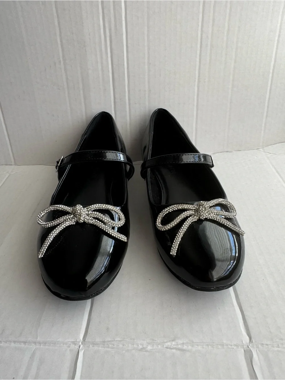 Nordstrom Black Patent Mary Jane Flats with Crystal Bow Accent